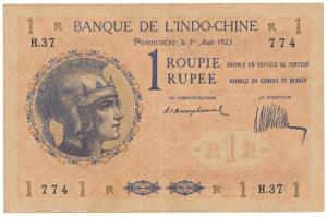 French India, Banque De L’Indochine, Rupee 1, Pondicherry, 1923, (J&R 13.1.2). About Extre