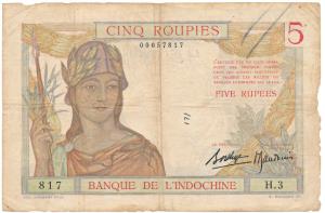 French India, Banque De L’Indochine, Rupees 5, Pondicherry, (J&R 13.2.1). Very Fine, the e
