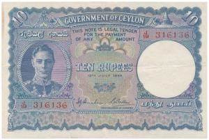 Ceylon, George VI, Rupees 10, 1944 (KM 36a). Slight stain on the edge, Very Fine+, Rare.