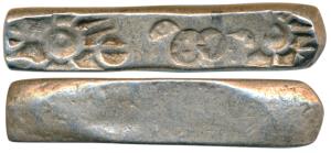 Archaic Punch Marked Coinage, attributed to Gandhara Janapada, Bent Bar, Silver 5 Shana, 1