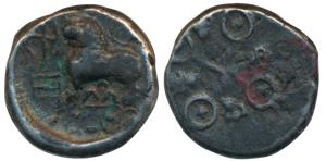 Satavahanas, Sri Satakarni, Copper, 8.88g, Junnar-Lion type, obv. a lion standing at a sac