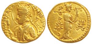 Kushanas, Huvishka (c. 152-192 AD), Gold Dinar, 7.80g, Mint I (A), 1st emission, obv. nimb