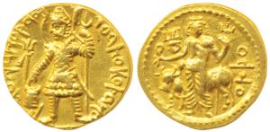 Kushanas, Vasudeva (c. 192-225 AD), Gold Dinar, 8g, obv. king nimbate standing left, holdi