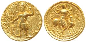 Kushanas, Vasudeva, Gold Dinar, 8g, obv. king nimbate standing left, holding a trident to 
