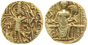 Later Kushanas, Kipanada (c. 340-360 AD), Gold Dinar, 7.59g, obv. king nimbate standing le
