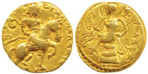 Guptas, Chandragupta II, Gold Dinar, 7.62g, ’Horseman’ type, obv. king riding a horse trot