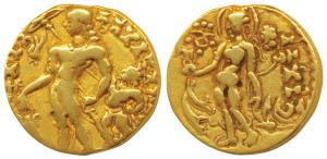 Guptas, Chandragupta II, Gold Dinar, 7.69g, 19mm, ’Chhatra’ (Parasol) type, obv. king stan