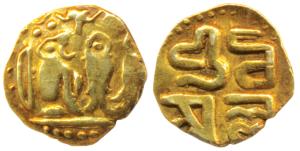 Cholas, Raja Raja I (985-1014 AD), Gold 1/8 Kahavanu (Fanam), 0.43g, obv. Chola dynastic e