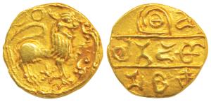Hoysala, Vishnuvardhana (c. 1120 AD), Gold Pagoda, 3.89g, obv. lion standing right with le