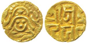 Kalachuris of Tripuri, Gangeya Deva, Gold Dinara, 3.91g, obv. Goddess Lakshmi seated facin