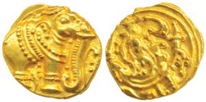 Western Gangas, Gold Gajapati Pagoda, 3.80g, obv. caparisoned elephant to right chewing su