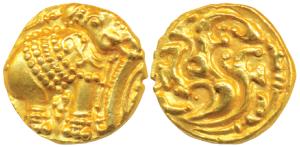 Western Gangas, Gold Gajapati Pagoda, 3.78g, obv. caparisoned elephant to right chewing su