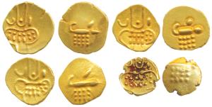 Hoysalas, Vira Raya, Gold Fanam (4), obv. stylized lion standing right with crescent above