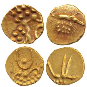 Hoysalas, Vira Raya, Gold Fanam, obv. stylized lion standing right with crescent above; re