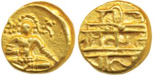 Vijayanagar Empire, Krishna Deva Raya, Gold Pagoda, 3.38g, obv. seated Balakrishna flanked