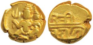 Vijayanagar Empire, Sadashiva Raya, Gold Pagoda, 3.44g, obv. Lakshmi-Narayana (Vishnu and 