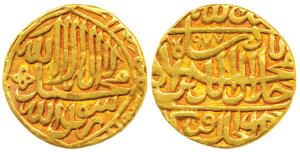 Akbar, Gold Mohur, 10.52g, Dar-ul- Khilafat Agra Mint, AH 977, Kalima on obv. (KM 106.1, L