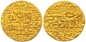 Akbar, Gold Mohur, 10.83g, Dar-ul- Khilafat Agra Mint, AH 982, Kalima within dotted square