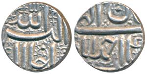 Akbar, Silver ½ Rupee, 5.73g, Ahmedabad Mint, Ilahi type, Month Aban, Year 4X (KM 66.1). M