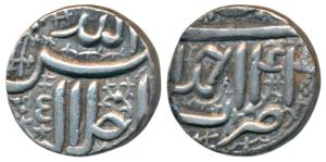 Akbar, Silver ½ Rupee, 5.64g, Ahmedabad Mint, Ilahi type, month name off flan, Year 44 (KM