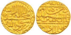Akbar, Gold Mohur, 10.82g, Dar al Khilafat Lahore Mint, AH (97)7, Kalima on obv. (KM 106.4