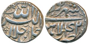Akbar, Silver Rupee, 11.41g, Lahore Mint, Ilahi type, Month Shahrewar, Year 42 (KM 93.11).