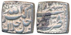 Akbar, Silver Square Rupee, 11.30g, Lahore Mint, Ilahi type, Month Shahrewar, Year 38 (KM 
