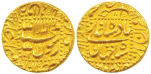 Shah Jahan, Gold Mohur, 10.95g, Burhanpur Mint, AH 1062/26, mint name at bottom on rev., l