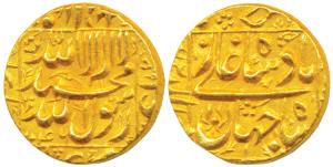 Shah Jahan, Gold Mohur, 10.86g, Burhanpur Mint (mint name off flan), AH 1046, legend withi