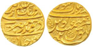 Aurangzeb, Gold Mohur, 11g, Bandar-i-Mubarak Surat Mint, RY 2, badr-i-munir type (KM 315.4
