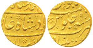 Muhammad Shah, Gold Mohur, 10.91g, Khujista Bunyad Mint, RY 9 (KM 438.13). Very Fine+, Sca
