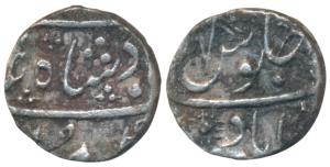 Ahmedabad Mint, Silver ½ Rupee, 5.09g, in the name of Shah Alam II, ankush on rev. (KM 151