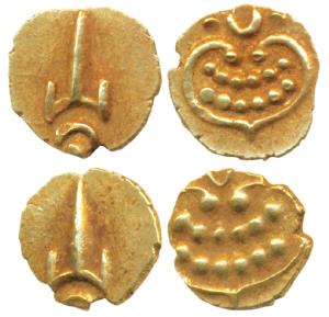 Tanjavore, Venkoji, Gold Fanam (2), Katar on obv., degenerate Kali on rev. (M&W T3, p.184)