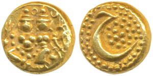 Haider Ali, Gold Pagoda, 3.43g, obv. Shiva and Parvati seated, rev. Persian letter ’He’ in