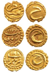 Tipu Sultan, Gold Fanam (3), Farrukhi, Nagar and Patan Mints, all with complete mint and d