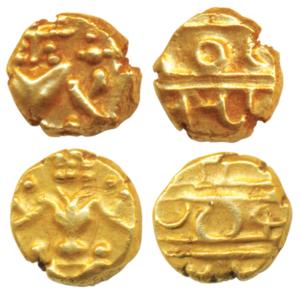Krishna Raja Wodeyar, Gold Fanam (2), obv. seated Narasimha, rev. Kanarese legend Kanthira