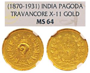 Tulabharam issue (1870-1931 AD), Gold Pagoda, obv. conch shell within wreath, rev. Sri Pad