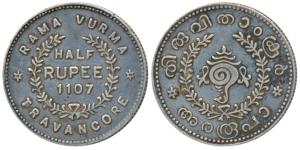 Rama Varma VI, Silver ½ Rupee, 5.33g, ME 1107, sankha or conch shell on obv., value and da