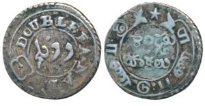 Silver Double or 2 Fanams, 1.74g, 2nd issue, 1808, oblique milling, buckled garter on obv.
