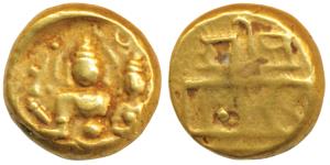 3 Swami, Gold Pagoda, 3.33g, Tirupati Balaji in the centre, flanked by his wives Shri Devi