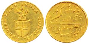 Gold Rupees 5 or 1/3 Mohur, 3.87g, obv. company arms with a lion holding a crown, rev. Per