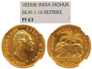 William IV, Gold Proof Restrike Mohur, 1835, Bombay Mint, no initial on truncation, lion a