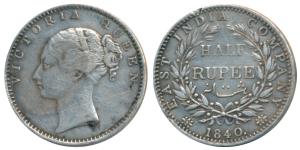Victoria Queen, Silver ½ Rupee, 1840, continuous legend, Calcutta Mint, English Head, 19 B