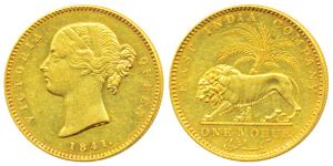 Victoria Queen, Gold Mohur, 11.66g, 1841, Divided legend, WW incused on truncation, cross 