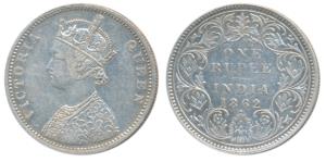 Victoria Queen, Silver Rupee, 1862, Bombay Mint, A / I / 1 / 1, with Crescent, (Prid 98). 