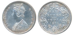 Victoria Queen, Silver ½ Rupee, 1874, Bombay Mint, B2 / II / dot, (Prid 285). Extremely Fi
