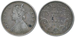 Victoria Queen, Silver ½ Rupee, 1875, Calcutta Mint, A / I / No mint mark, (Prid 260). Ver