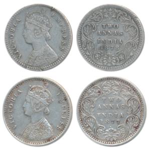 Victoria Empress, Silver 2 Annas, 1877, Bombay Mint, A / I / dot, (Prid 520); 1878, Calcut