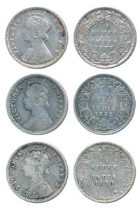 Victoria Empress, Silver ¼ Rupee, 1877, Calcutta Mint, B / I / No mint mark; 1882, Calcutt