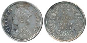 Victoria Empress, Silver ¼ Rupee, 1878, Calcutta Mint, C / II / No mint mark, (Prid 383). 